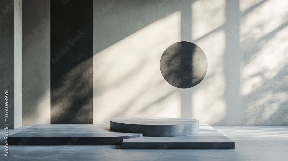 Poster 3d rendering studio featuring geometric shapes and a podium on the floor platforms designed for prod
