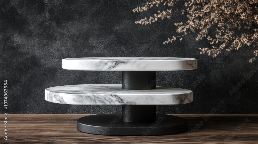 Poster two tier product display stand crafted from white marble and black wood featuring ample copy space f