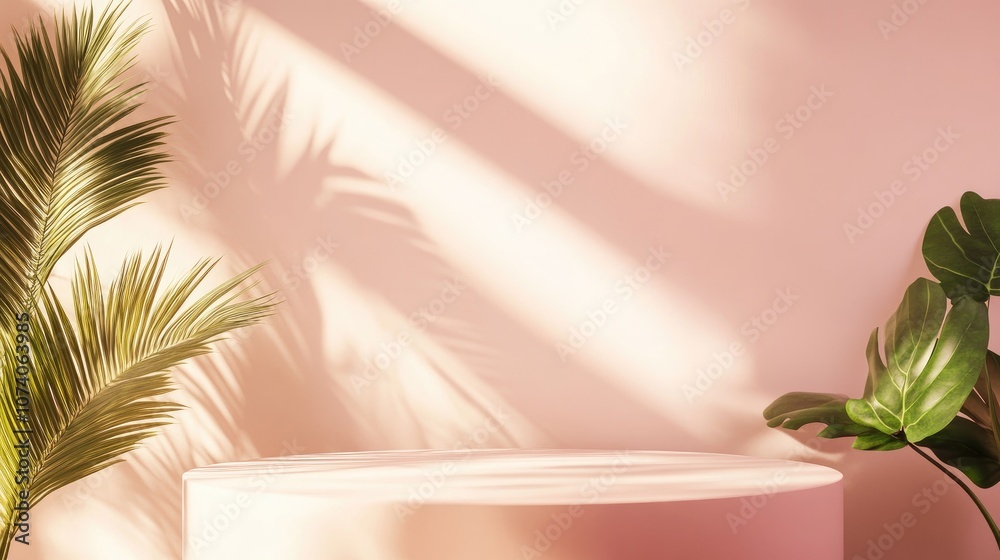 Poster soft pastel background with wall shadows featuring a botanical podium for product display and advert