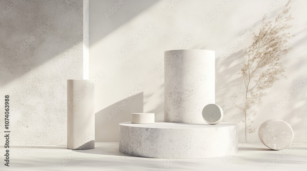 Poster 3d rendered illustration featuring a geometric concrete cylinder pedestal for showcasing cosmetic pr