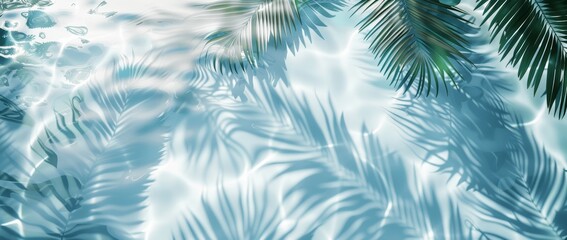 Tropical Palm Leaf Shadows on Light Blue Water and White Sand Beach Background Minimal Summer Concept Banner