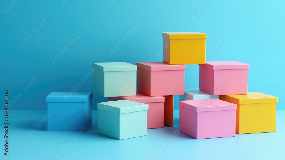Poster vibrant pastel colored boxes on a bright blue backdrop minimalistic design 3d rendering