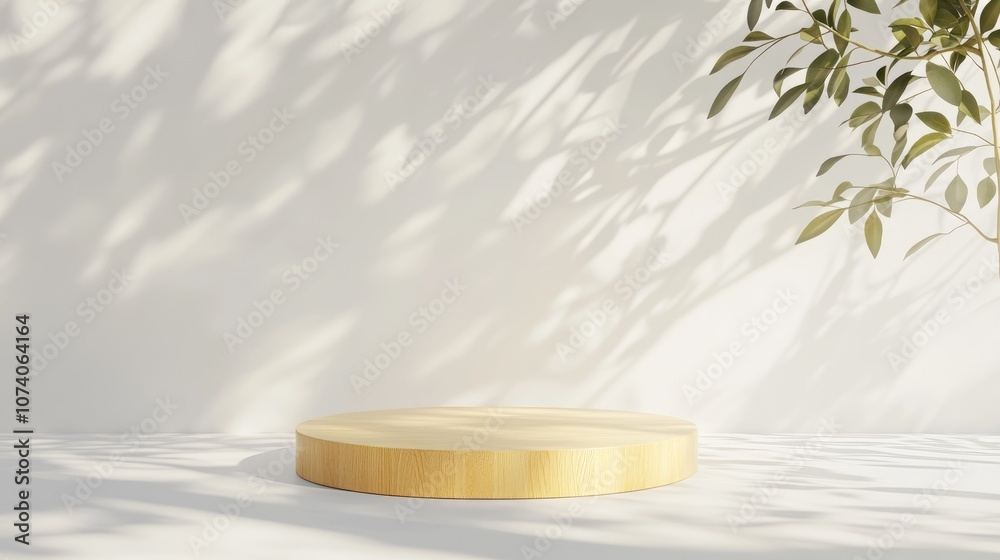 Aufkleber yellow wooden podium in a clean white environment with leaf shadows background for product presentat