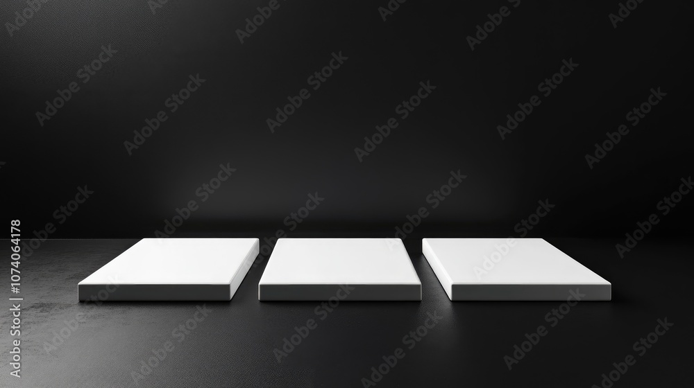 Poster Vignette depiction of four white square platforms on a black background studio setting 3D render