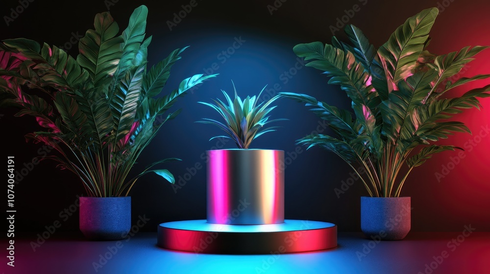 Poster isolated metal icon on a podium surrounded by three plants with multi colored lighting orthogonal pr