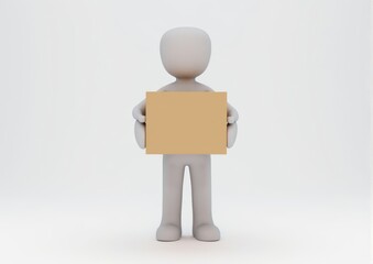 Obraz premium gray toy man 3d carries in hands a cardboard box on white background