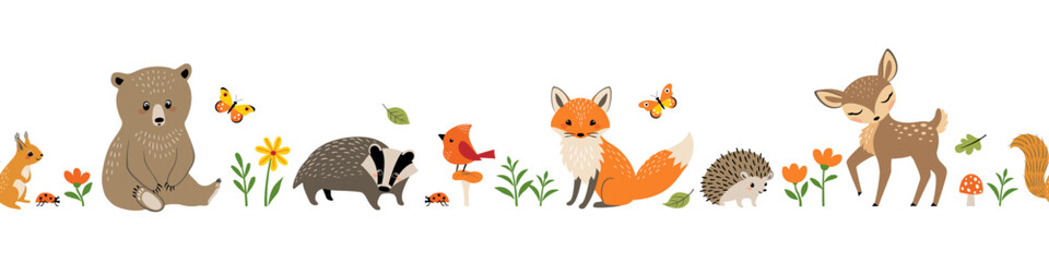 Vector seamless border of cute forest animals, butterflies, flowers and mushrooms. Set of woodland animal characters isolated on white background. 