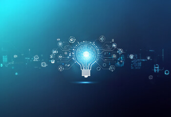A glowing light bulb with circuit board patterns and digital icons, symbolizing innovation and technological advancement.