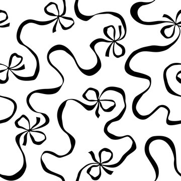 Black and white vector seamless pattern with ribbon and bows. 