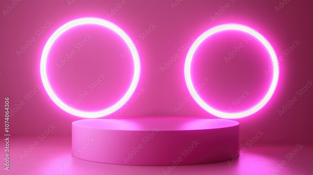 Aufkleber Pink realistic 3D cylinder podium with glowing neon circular shape Abstract 3D rendering of geometric forms Minimalistic scene for stage showcasing and product mockup display