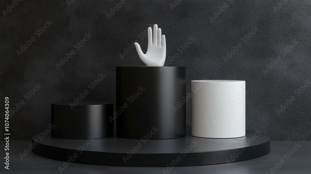Poster round pedestals and black and white cylinders in a 3d rendered illustration sculptural arrangement f