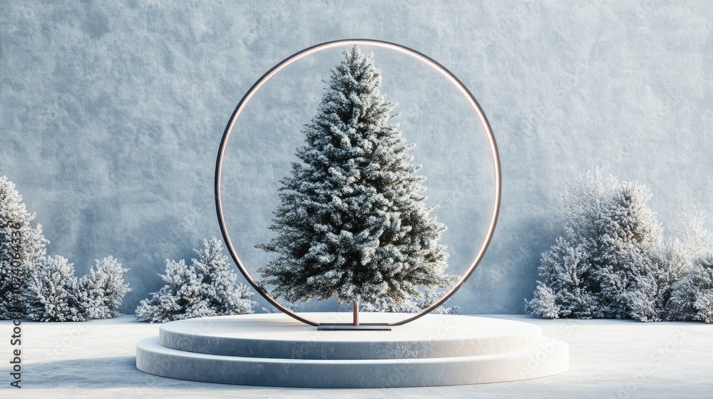 Poster 3d display podium featuring a christmas tree winter scenery backdrop for product showcasing minimali