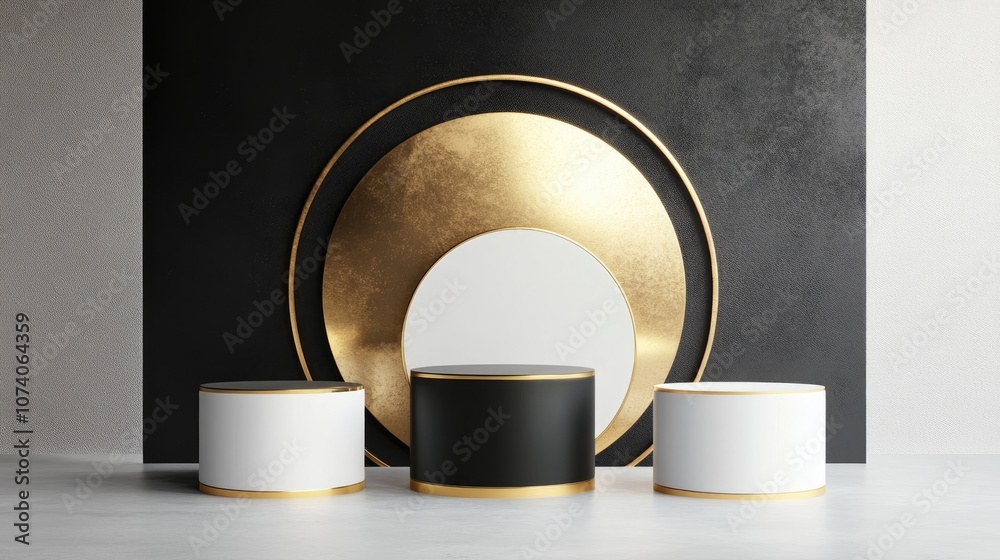 Poster collection of white black and gold geometric pedestals with a luxurious circular backdrop and pillar