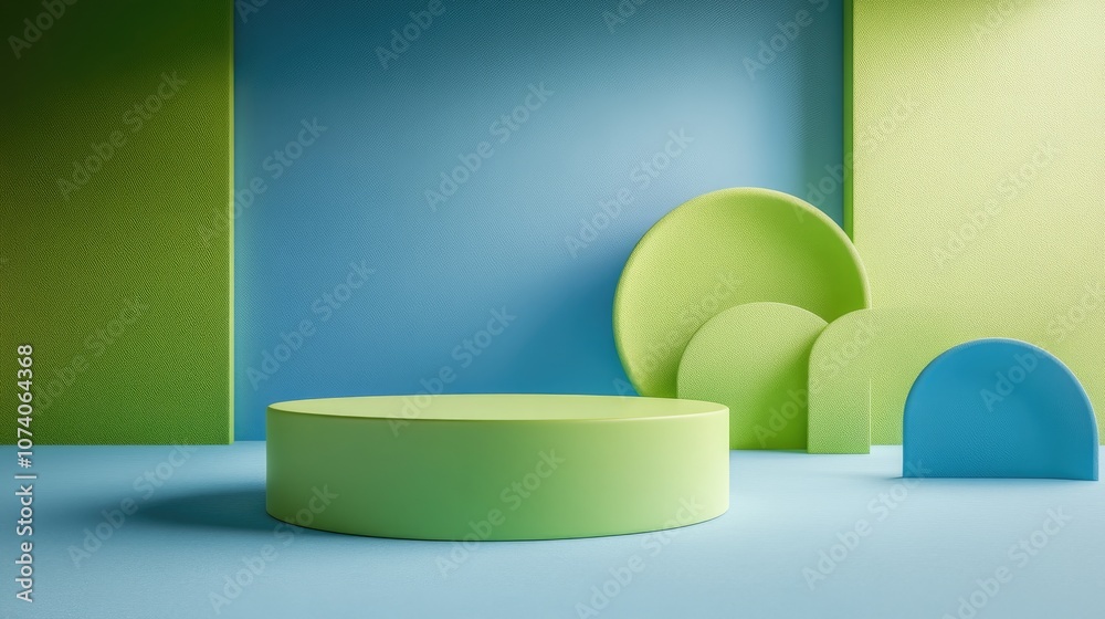 Poster Minimalist green podium on a blue backdrop Geometric shape 3D rendering Suitable for product display