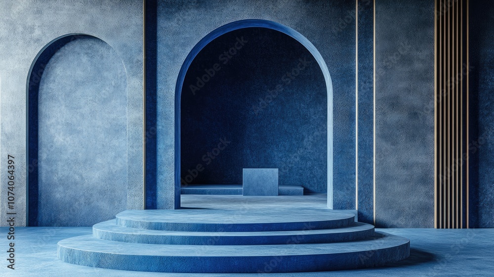 Poster Blue abstract geometric background featuring a podium in a contemporary style 3D rendering