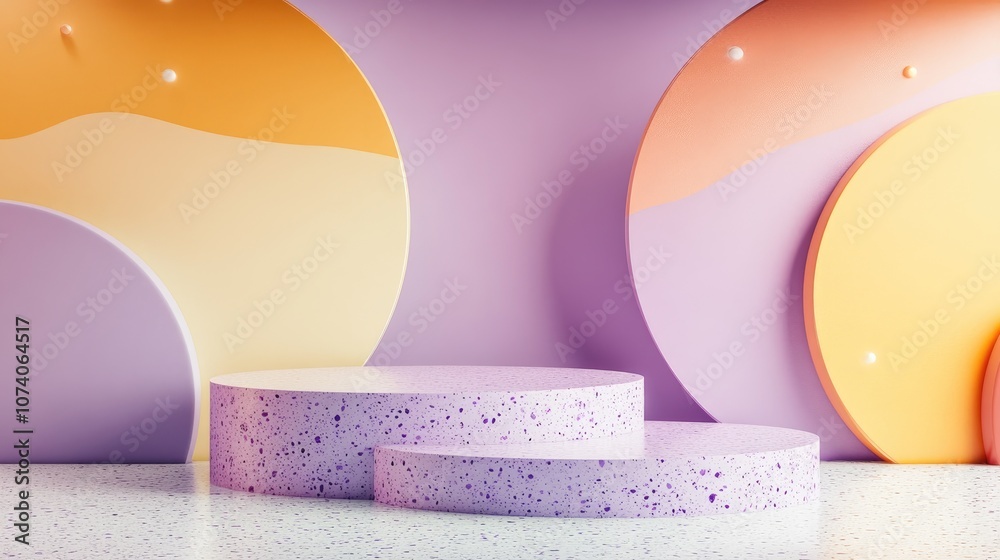 Poster 3D rendering of a minimal abstract background featuring violet and pastel colors The scene includes textured shapes and a podium with terrazzo layers and curved forms designed for product display 