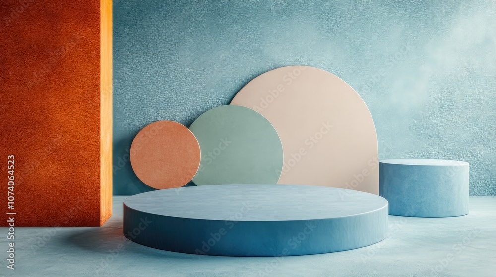 Poster light blue backdrop featuring a podium and minimal wall design blending abstract shapes in pastel hu