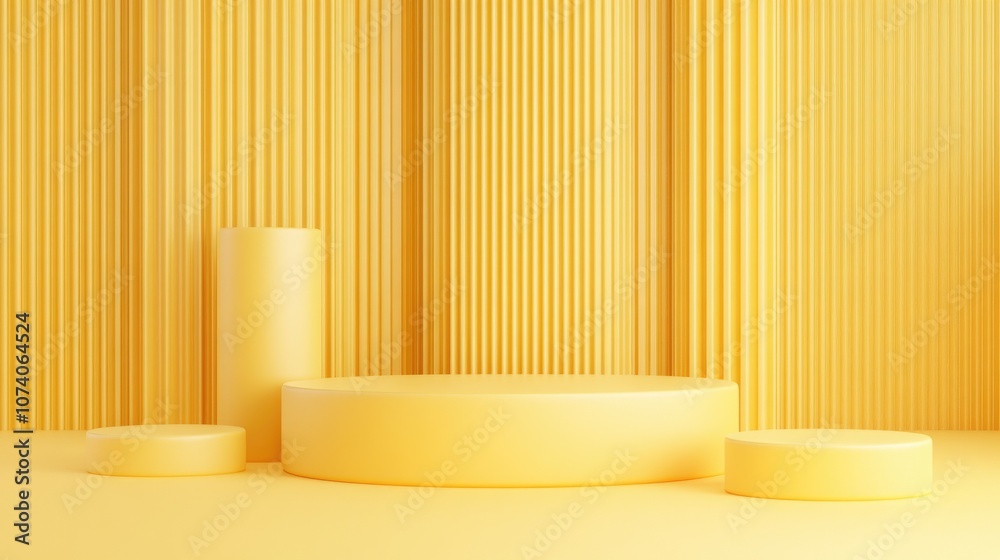 Aufkleber 3D render of an abstract background featuring geometric shapes and a podium for product display Minimalistic design with a group of yellow elements