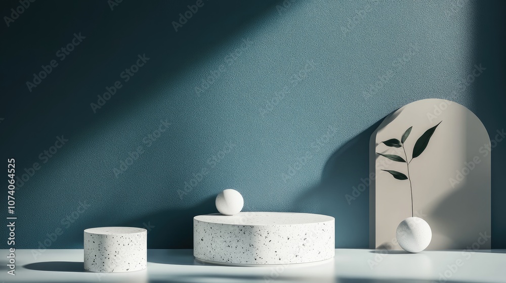 Poster minimalist podium mockup for product display featuring an abstract scene with a blue backdrop 3d ren