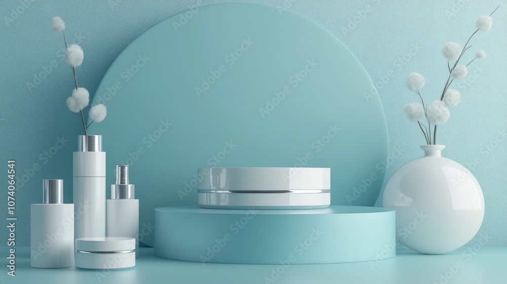 Poster 3d rendering of a minimalist product display for cream cosmetics with a modern blue pastel podium ba