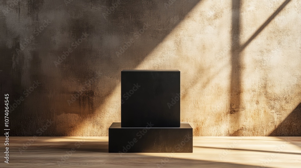 Poster black cube pedestal mockup background 3d rendering
