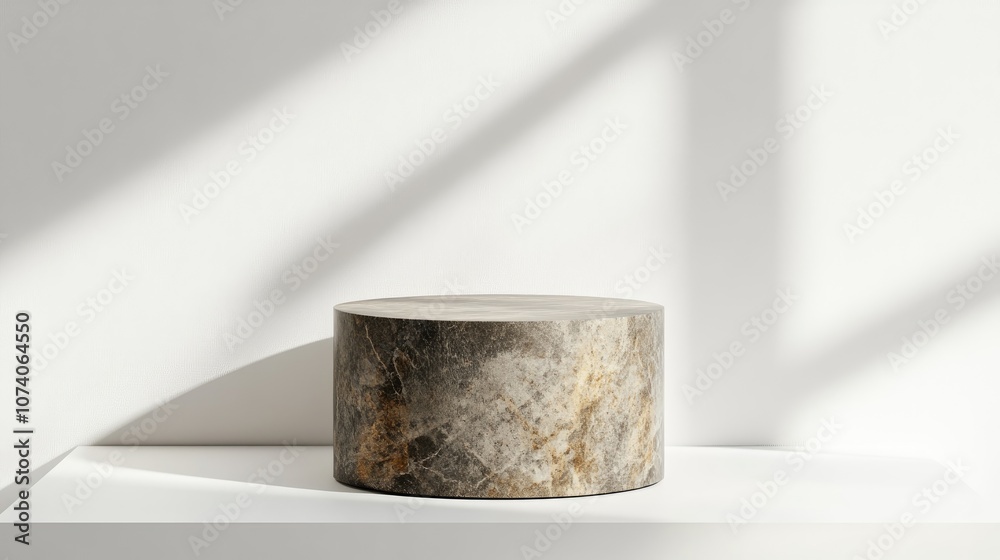 Poster Cylinder shaped product display pedestal with a stone texture on a white background featuring minimal and modern design elements 3D rendering