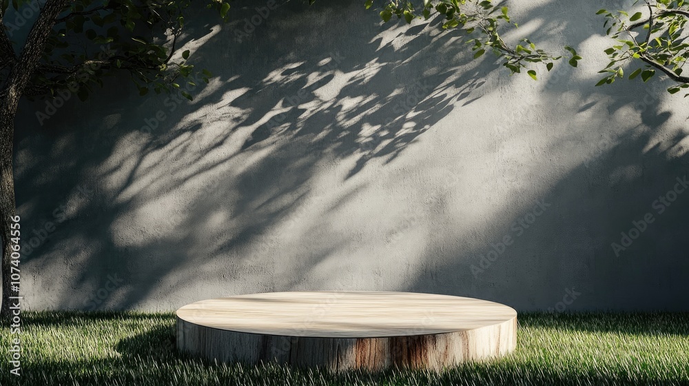 Aufkleber Wooden display pedestal design platform blank product stand on grass with tree shadows on the wall 3D rendering