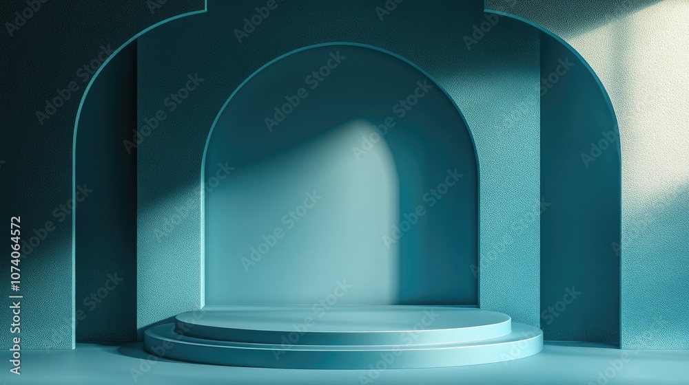 Poster 3D rendering of an abstract blue background featuring a blank podium for product display