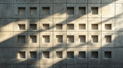 Concrete wall with square recesses and shadows.