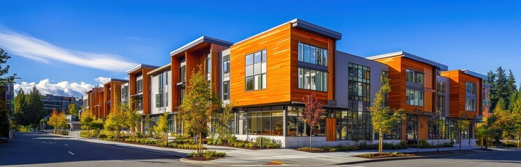 Modern multi-unit residential buildings with a clear blue sky.