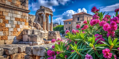 Fototapeta premium Captivating Macro Photography of Ancient Ruins and Flora in Syracuse, Greece, Showcasing the Intricate Details of Nature and History in a Mediterranean Landscape