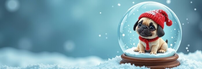 charming winter scene, small cute pug puppy wearing red scarf and wool hat with pom-pom, sitting inside glass snow globe with wooden base, snowy background, banner with copy space. Christmas, New Year