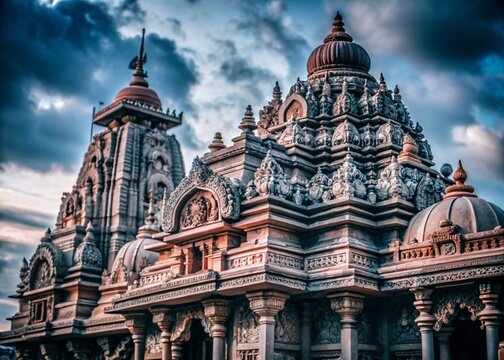 Captivating Macro Photography of Intricate Details of Dwaraka Temple in Gujarat, Showcasing Ancient Architecture, Sacred Symbols, and Ornate Carvings Against a Vibrant Background