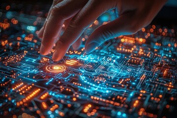 Obraz premium Hand Interacting with Glowing Circuit Board