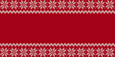 Christmas horizontal background with classic winter sweater design. Nordic knitted pattern with snowflakes and borders. Vector illustration.