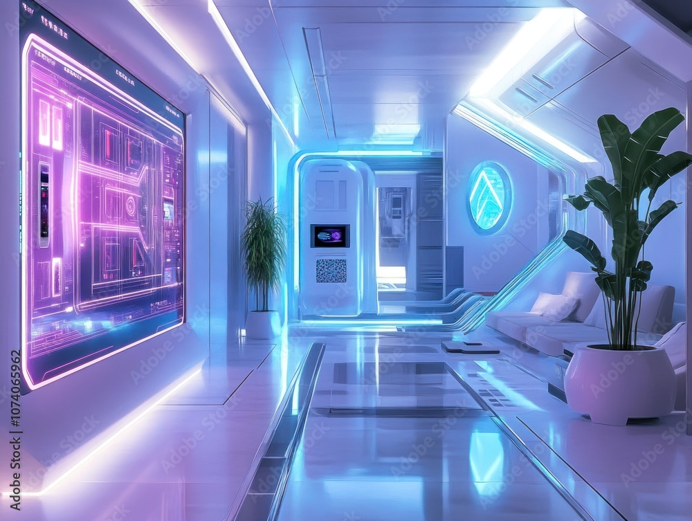 Poster futuristic interior design with neon lighting and a large digital display