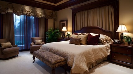 3. A grand, opulent bedroom with plush bedding, dark wood furniture, and soft ambient lighting, creating a refined space for a luxury accessory on the nightstand