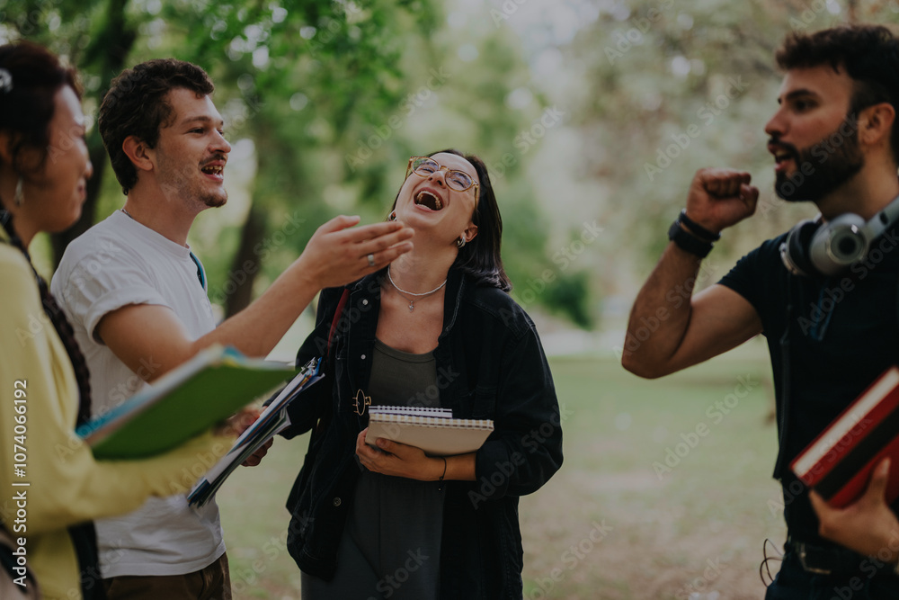 Poster A diverse group of students laughing and working on assignments together in a park setting, fostering a collaborative and friendly atmosphere. The image portrays friendship, teamwork, and academic