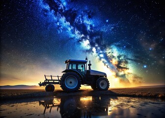 Obraz premium Captivating Night Photography of an Irrigation Tractor in Contre Jour, Showcasing Dramatic Silhouettes Against a Starry Sky, Perfect for Agricultural and Landscape Themes