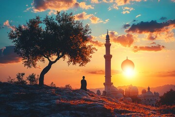 Fototapeta premium Silhouette of a Person Standing Against a Sunset with a Mosque in the Background