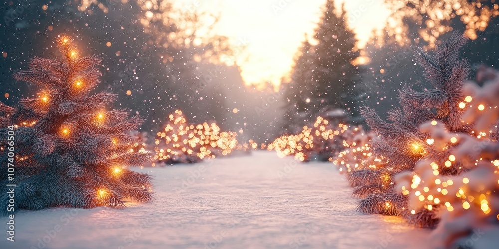 Poster snow-covered trees with twinkling lights in a winter forest