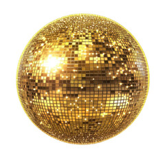 Gold disco ball on white background, shimmering and reflective.