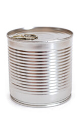 Round Unopened Tin Can Isolated on White Background. Canned Food. Aluminum Can for Safe and Long Term Storage of Food. Steel Sealed Food Storage Container - Isolation