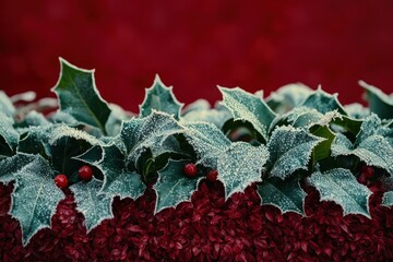 Frosted Holly Leaves and Red Berries Resting on a Bed of Burgundy Petals
