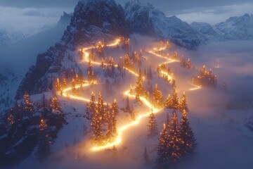Fototapeta premium A Winding Path Lit by Lights Through a Snowy Mountain Forest