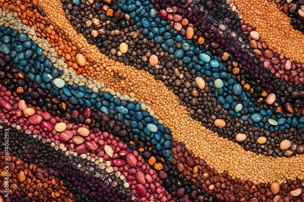 Poster colorful beans, lentils, and seeds are meticulously arranged to create a striking abstract pattern t