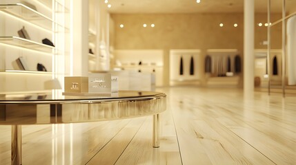 8. A minimalist, high-end fashion boutique with high-quality flooring and elegant display shelves, leaving space for a designer item on the display table
