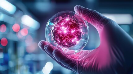 Close-Up of a Researcher's Hand Wearing Gloves, Holding a Petri Dish with Cancer Cells Under an Advanced Microscope in a Laboratory Setting