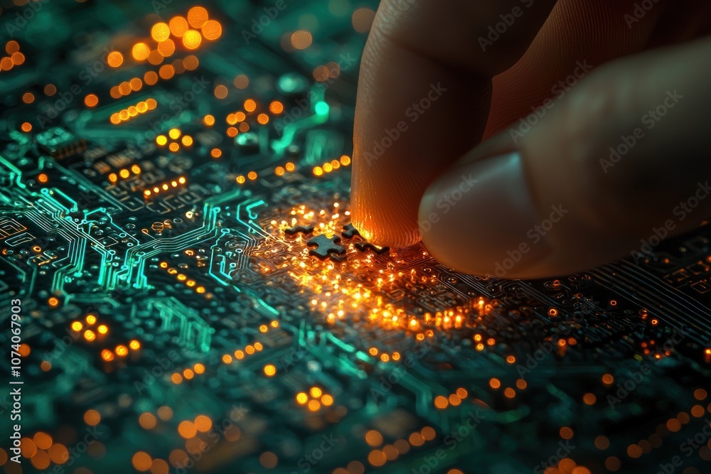 Poster a finger placing a puzzle piece on a circuit board with glowing lights