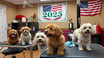 dog grooming salon with dogs being pampered under a 2025 themed banner and the American flag.